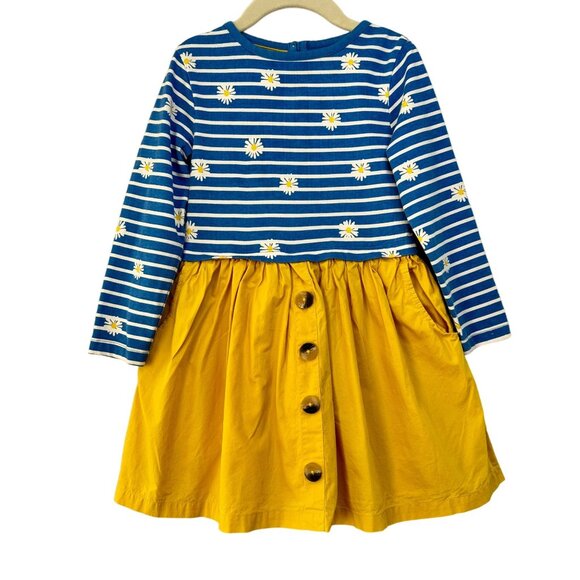 Mini Boden Other - MINI BODEN Striped Daisy Dress Girls 4-5 4T 5T Blue Mustard Yellow Button Skirt